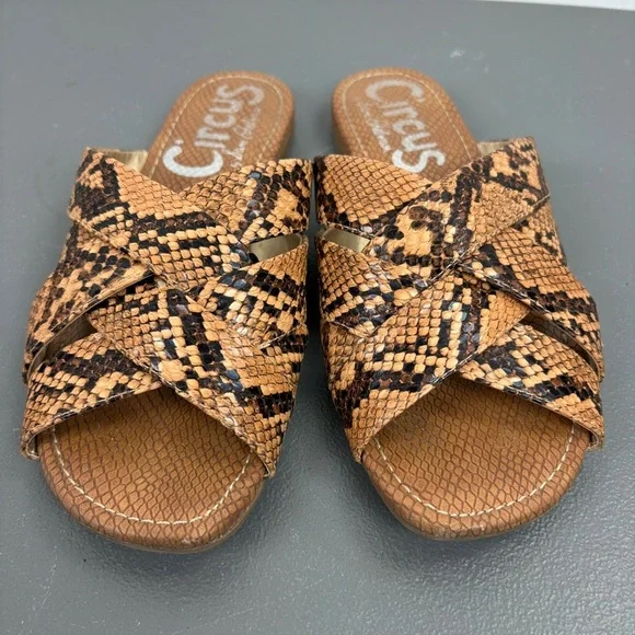 Circus by Sam Edelman Burnett Snakeskin Slip-On Sandals | Crisscross Slide Flats - Picture 4 of 7